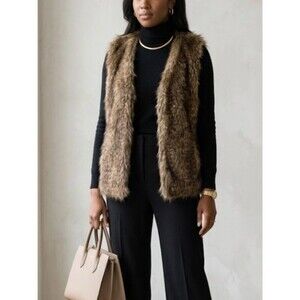 Express Faux Fur Pocket Open Front Shaggy Brown Vest Women's Size Small